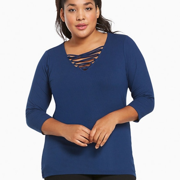 torrid Tops - TORRID Lace Up V Neck Ribbed Knit Tee